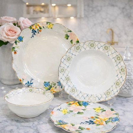 طقم سفرة أنيق 24 قطعة بورسلان بتصميم كلاسيكي راقٍ