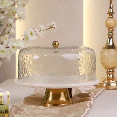 مضيفة كيك رخام قاعدة نحاس هندي مع غطا زجاج