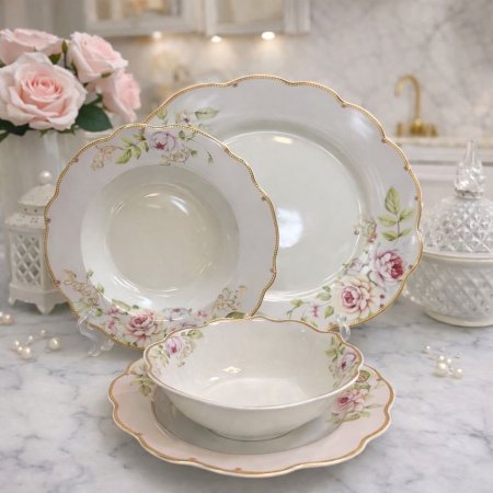 طقم صحون بورسلان فاخر 24 قطعة – نقشة ورود ناعمة بحافة ذهبية