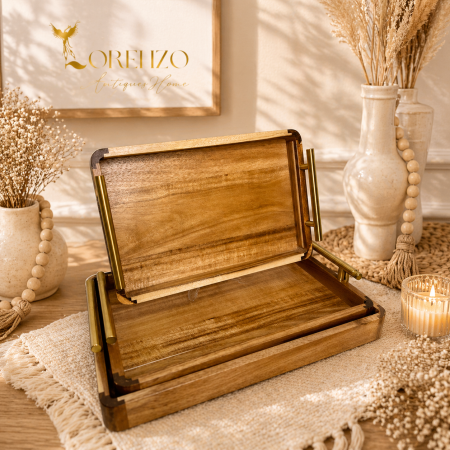 صواني خشب طبيعي مع مقابض معدن ذهبية 3 قطع