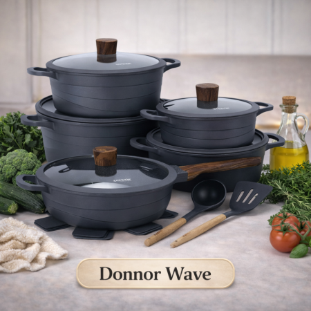 طقم طناجر Donnor Wave – 15 قطعة | سكب غير لاصق مع غطاء سيليكون