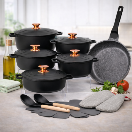 طقم طناجر 18 قطعة أسود من DONNOR – سكب غير لاصقة