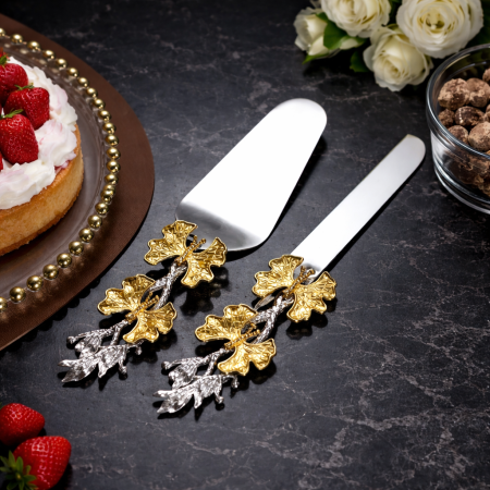 طقم تقديم كيك فاخر (سكين + رافعة) بتصميم أوراق ذهبية 3-3