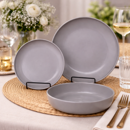 طقم صحون فاخر بلون رمادي أنيق مكوّن من 18 قطعة