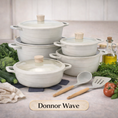 طقم طناجر Donnor Wave – 15 قطعة | سكب غير لاصق مع غطاء سيليكون