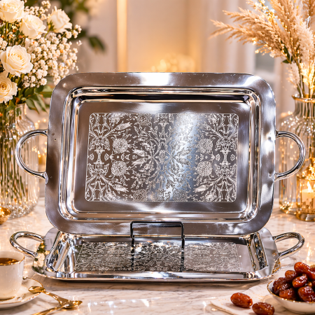 طقم صواني مستطيل فاخر (قطعتين) – نقش ورد أنيق 4039/43