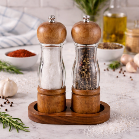طقم مطحنة ملح وفلفل زجاج وخشب مع قاعدة