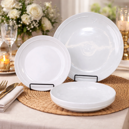 طقم صحون 18 قطعة أبيض فاخر بتصميم عصري ناعم