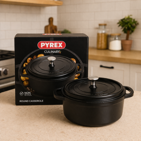 طنجرة بايركس دائرية 24 سم – لون أسود Pyrex Oval Pot 24cm– Black (Oven Safe)