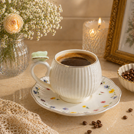 طقم فناجين قهوة 6 قطع مع صحون – فخامة ناعمة بتفاصيل راقية 6-10