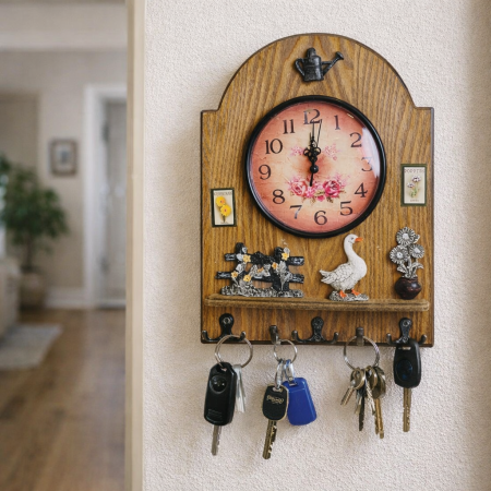 ساعة حائط مع علاقات مفاتيح – تصميم خشبي ديكوري أنيق