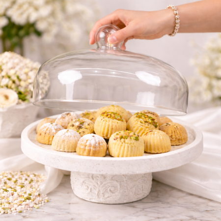 ستاند ضيافة تقديم فاخر بقطر مع غطاء زجاجي أنيق 29 سم HT6940