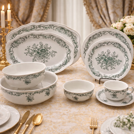 طقم سفرة فاخر بنقشة كلاسيكية خضراء – 39 قطعة (لـ 6 أشخاص)