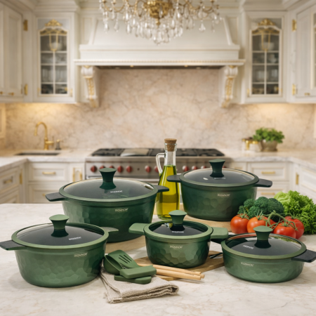 طقم طناجر جرانيت لون   اخضر 16 قطعة مع كفكيرين واربعة مسكة سيلكون