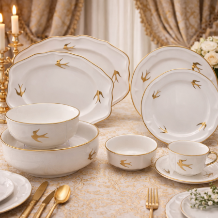 طقم سفرة فاخر بنقشة الطيور الذهبية – 39 قطعة (لـ 6 أشخاص)