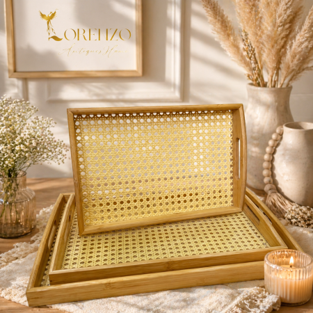 صواني خشبية بقاعدة قش 3 قطع