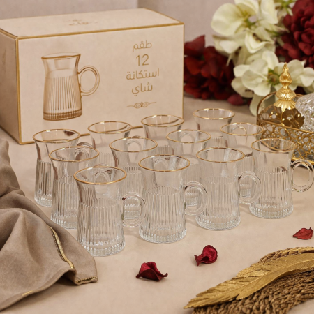 طقم 12 كاسة شاي زجاج فاخرة بحافة ذهبية