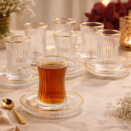 طقم كاسات شاي زجاج فاخر مع صحون – 6استكانة +6 صحون