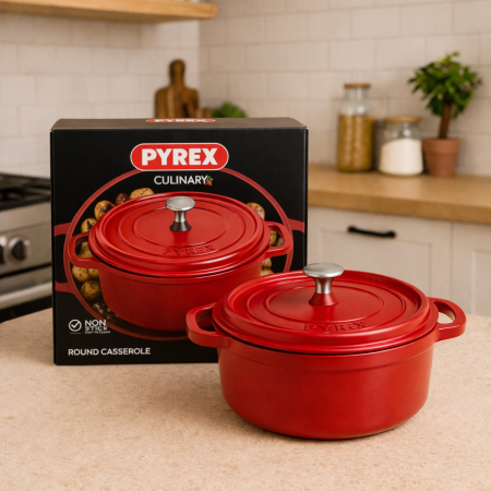 طنجرة بايركس دائرية 20 سم – لون أحمر Pyrex Oval Casserole Pot 20cm– Red