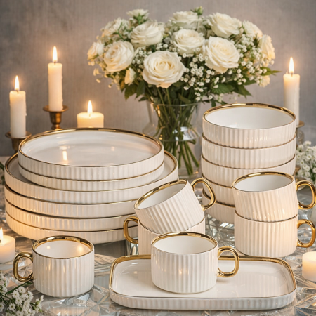 طقم سفرة فاخر 32 قطعة – تصميم أبيض مع لمسات ذهبية (لـ 6 أشخاص)