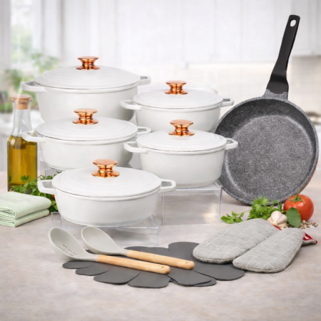 طقم طناجر 18 قطعة أبيض من DONNOR – سكب غير لاصقة