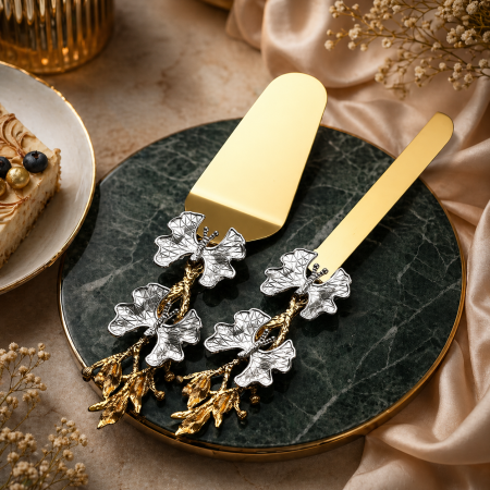 طقم تقديم كيك فاخر (سكين + رافعة) بتصميم أوراق ذهبية 3-3