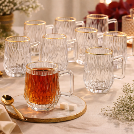 طقم كاسات شاي زجاج فاخر مموج – 12 قطعة
