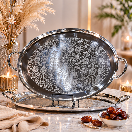 طقم صواني بيضاوي فاخر (قطعتين) – نقش ورد أنيق 72406/07