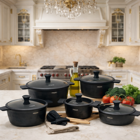 طقم طناجر جرانيت DN-CL-16 Chuangli series لون اسود 16 قطعة مع كفكيرين واربع مسكات سيلكون