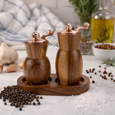 طقم مطحنة ملح وفلفل خشبي فاخر مع قاعدة 1-1