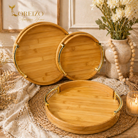 صواني خشبية بالشكل الدائري بمقابض ذهبية 3 قطع