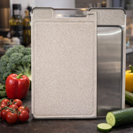 لوح تقطيع مزدوج الوجه مع سطح ستانلس ستيل – عملي، صحي، ومتعدد الاستخدامات