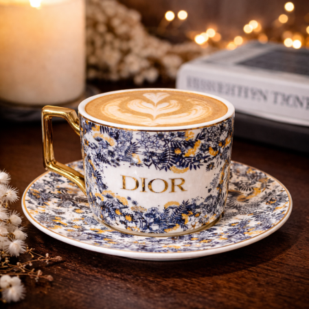 فنجان نسكافيه قهوة فاخر مع صحن بتصميم أنيق مستوحى من الطابع الكلاسيكي الراقي DIOR