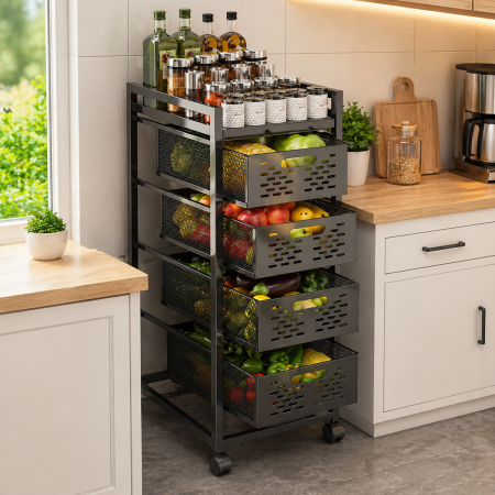 عرباية تخزين خضار متعددة الطبقات – تصميم معدني عملي وأنيق