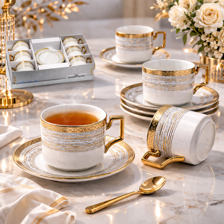 طقم فناجين شاي فاخر 6+6 – أناقة التفاصيل لكل لحظة ضيافة