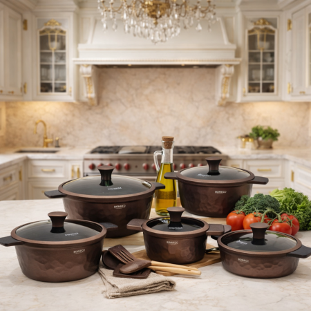 طقم طناجر جرانيت لون بني 16 قطعة مع كفكيرين واربع مسكات سيلكون