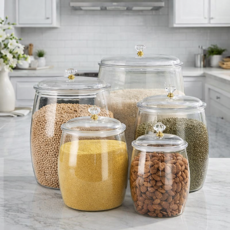 طقم علب تخزين بقوليات المصنوعة من الأكريليك الشفاف