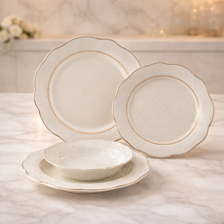 طقم صحون بورسلان فاخر – 24 قطعة | تصميم أنيق بلمسة ذهبية ناعمة