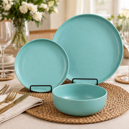 طقم صحون تركواز 18 قطعة (أخضر مائل للأزرق) بتصميم عصري أنيق