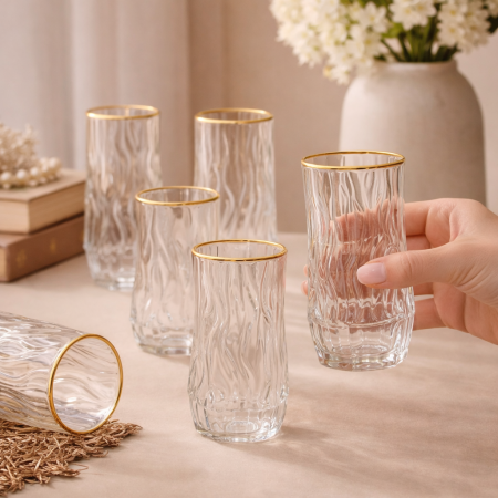 طقم كاسات مي الزجاجية المموجة – 12 قطعة