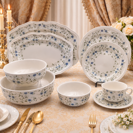 طقم سفرة فاخر بنقشة زهور زرقاء ناعمة – 39 قطعة (لـ 6 أشخاص)