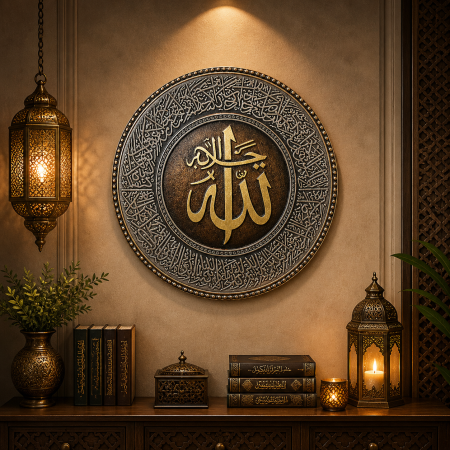 برواز دائري إسلامي فاخر – تحفة فنية باسم الله ومحمد ﷺ