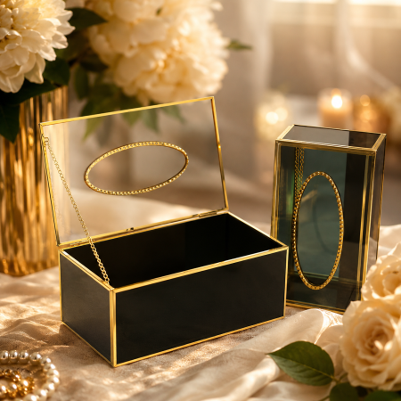 علبة ،، صندوق محارم زجاج اسود اطار ذهبي