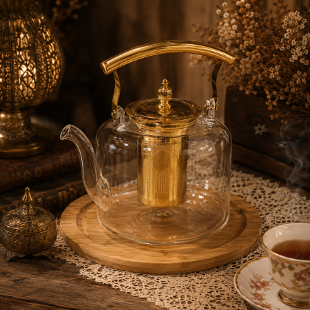 ابريق شاي بايركس شفاف ايد معدن ذهبي