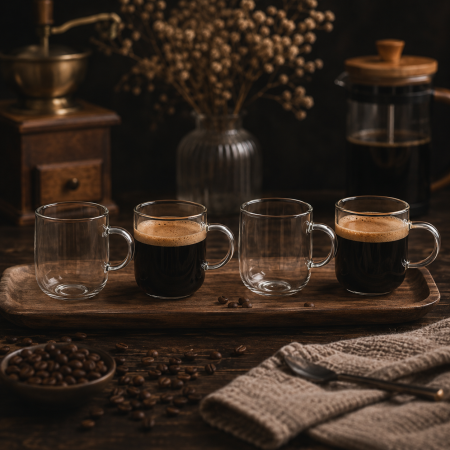 طقم فناجين إسبرسو دبل جلاس بمقبض – 4 قطع | 90 مل