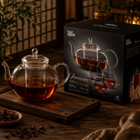 طقم ابريق شاي زجاج 1500 مل + 4 اكواب زجاج 350 مل اندونيسي