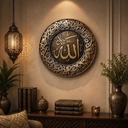 برواز دائري إسلامي فاخر – تحفة فنية باسم الله ومحمد ﷺ