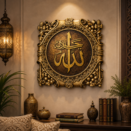 برواز مربع إسلامي فاخر – تحفة فنية باسم الله ومحمد ﷺ