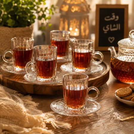 طقم 6 كاسات شاي زجاج مع صحون