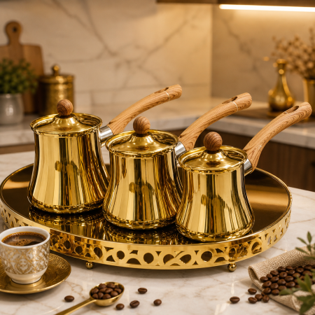 طقم بكارج .. غلايات قهوة 3 أحجام ستيل ايد خشب